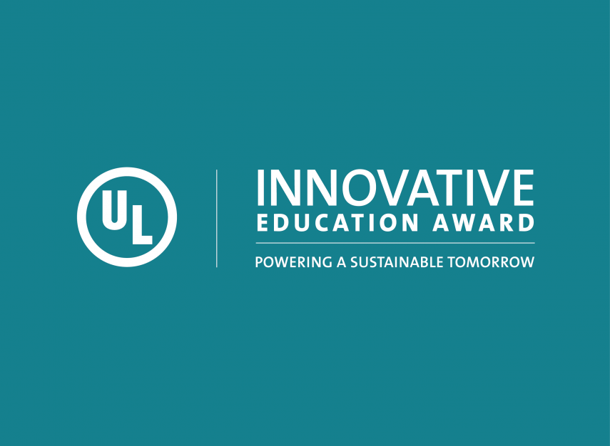 ULIEA Logo: UL logo. Beside it the words Innovative Education Award.  Below that is the tagline Powering a Sustainable Tomorrow. Text is all white on a teal backdrop.