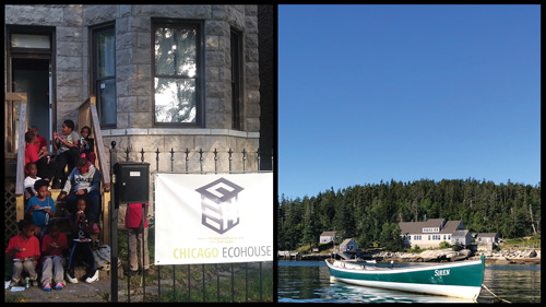 Photo of Chicago Eco House students sitting on front steps of the Chicago Eco House, with a fence and sign in the foreground. This photo is shown side by side with a photo of the Hurricane Island Center for Science and Leadership. The second photo shows the center in the lower third surrounded by trees in the background and water in the foreground. A blow sky dominates the upper two-thirds of the photo.