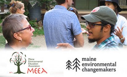 Participants of Maine Environmental Changemakers outdoors in deep discussion. The bottom third is covered in a feathered white backdrop over which are seen the Maine Environmetnal Education Association and Maine Environmental Changemakers Network logos.