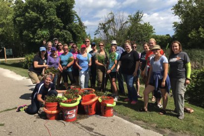 A group of Michigan educators pose curbside on a slope of green grass, with trees, bushes, and other plants in teh background. The educators are smiling, holding rakes, and displaying ten orange buckets full of plant material.