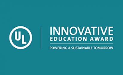 ULIEA Logo: UL logo. Beside it the words Innovative Education Award.  Below that is the tagline Powering a Sustainable Tomorrow. Text is all white on a teal backdrop.
